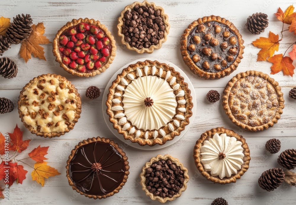 Assorted Homemade Pies on a Rustic Table Surrounded by Autumn Leaves and Pine Cones, Perfect for Thanksgiving and Holiday Celebrations Assorted Homemade Pies on a Rustic Table Surrounded by Autumn Leaves and Pine Cones, Perfect for Thanksgiving and Holiday Celebrations