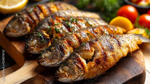 On the platter are pieces of grilled fish bread and veggies