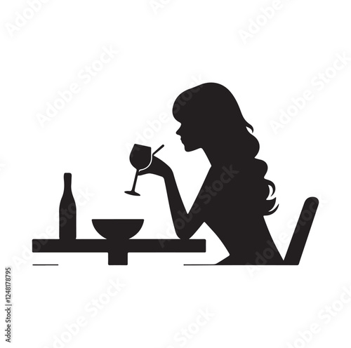Woman sitting alone at table and drinking silhouette vector illustration