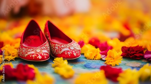 Red slippers for traditional wedding couple isolated on a colorful background
