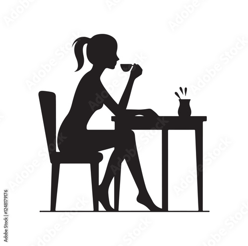 Woman sitting alone at table and drinking silhouette vector illustration