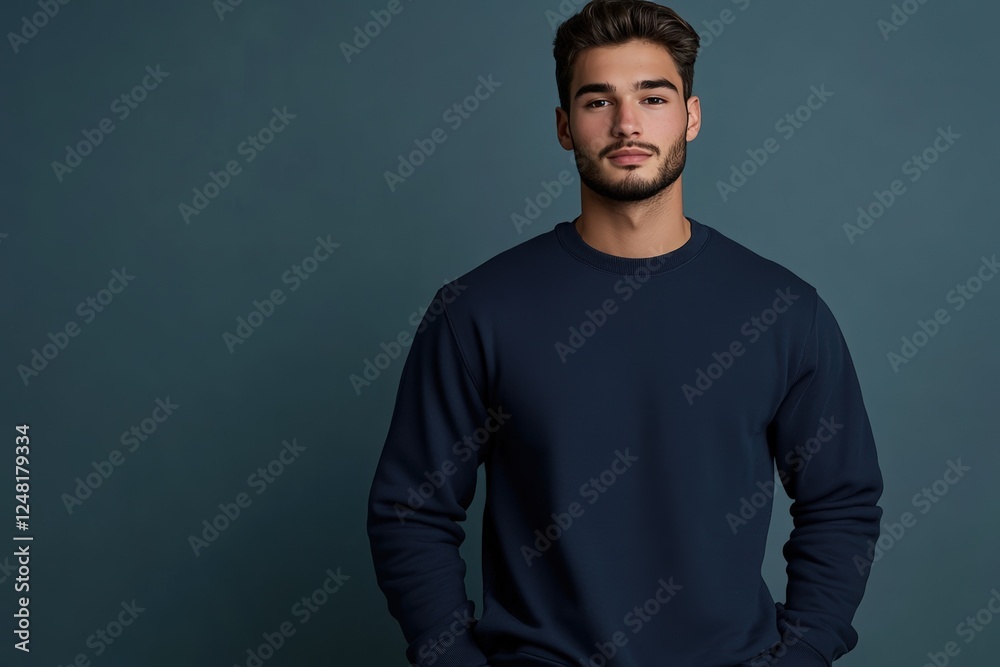 Confident Man in a Dark Blue Sweater. Studio Portrait on Dark Background. Generative AI. Confident Man in a Dark Blue Sweater. Studio Portrait on Dark Background. Generative AI.