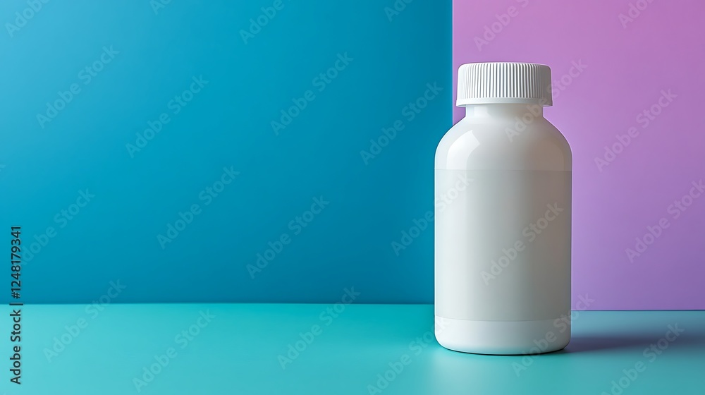 White plastic bottle on small tabletop bottle sticker labeling machine for medicine and pharmaceutical industry isolated on a colorful background
