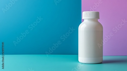 Obraz na płótnie White plastic bottle on small tabletop bottle sticker labeling machine for medicine and pharmaceutical industry isolated on a colorful background w salonie