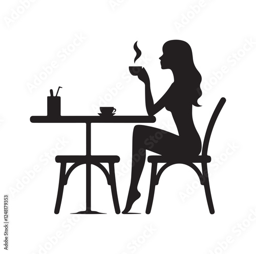 Woman sitting alone at table and drinking silhouette vector illustration