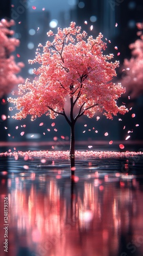 Serene cherry blossom tree standing in tranquil waters, petals gently falling, enchanting atmosphere