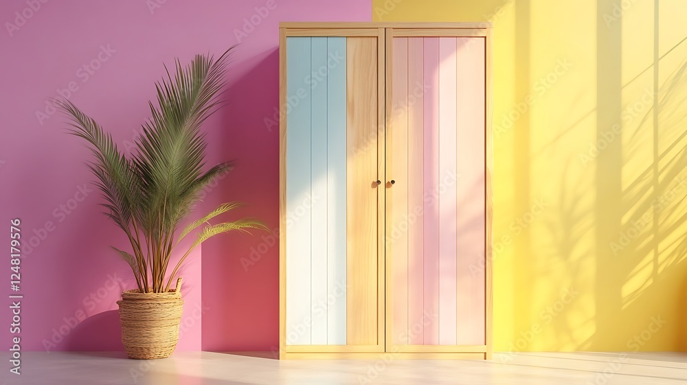 Wooden closet with light isolated on a colorful background
