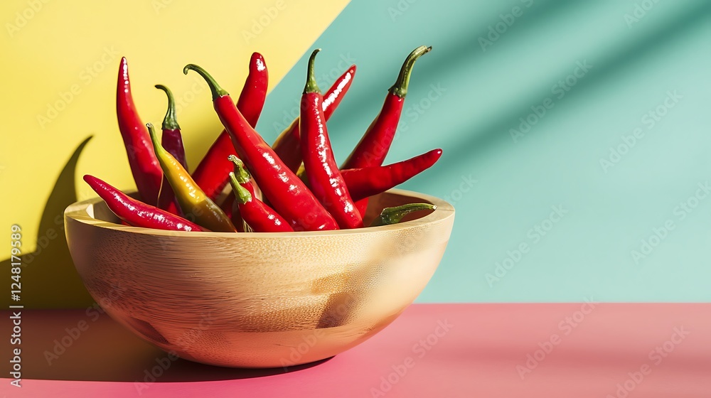 Wooden fruit bowl with red chili peppers isolated on a colorful background