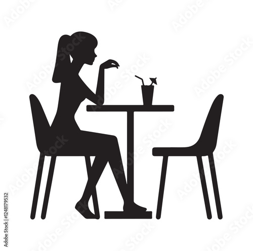 Woman sitting alone at table and drinking silhouette vector illustration