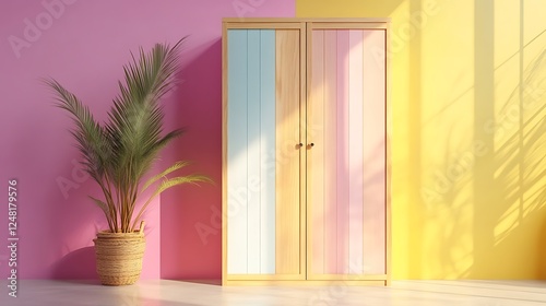Obraz na płótnie Wooden closet with light isolated on a colorful background w salonie