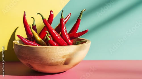 Obraz na płótnie Wooden fruit bowl with red chili peppers isolated on a colorful background w salonie