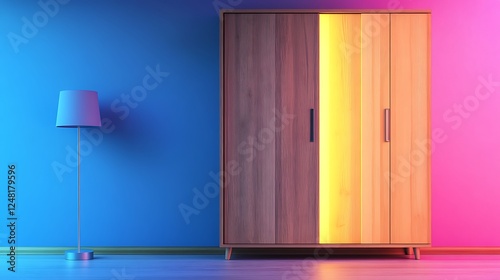 Obraz na płótnie Wooden closet with light isolated on a colorful background w salonie