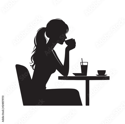 Woman sitting alone at table and drinking silhouette vector illustration