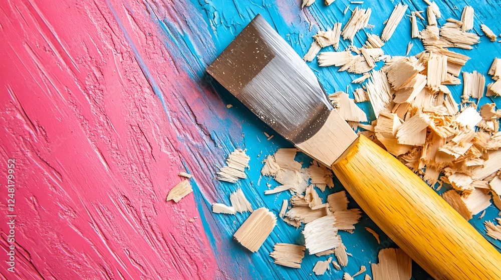 Woodworking carpenter chisel tool and wooden shavings isolated on a colorful background