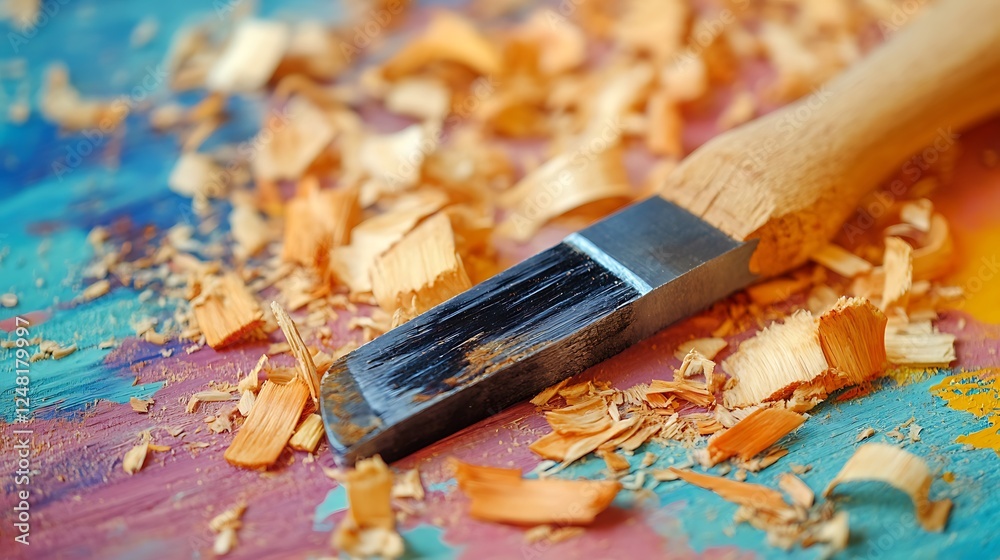 Woodworking carpenter chisel tool and wooden shavings isolated on a colorful background