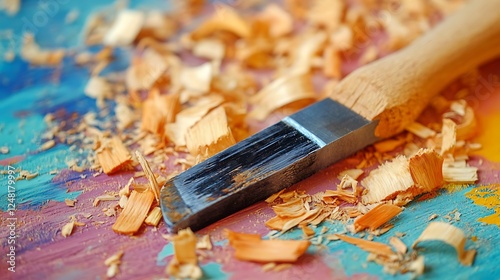 Obraz na płótnie Woodworking carpenter chisel tool and wooden shavings isolated on a colorful background w salonie