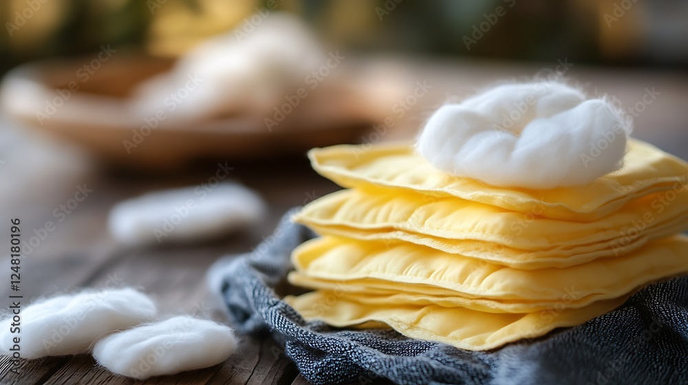 Yellow cotton pads that are light and fluffy sit close by