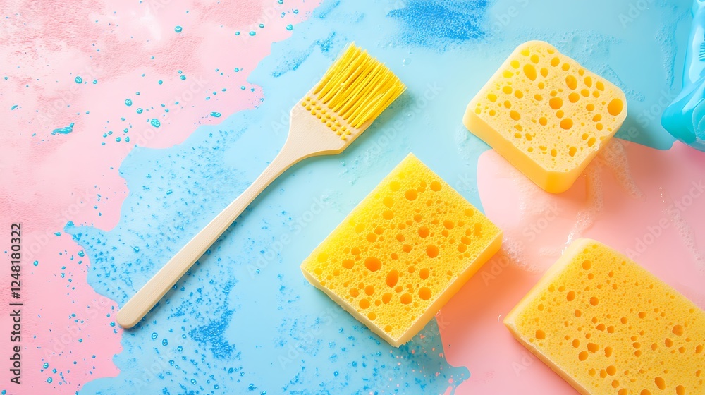 Yellow sponges dishwashing gel and brush isolated on a colorful background