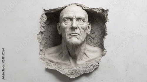 Hyper-Realistic Sculpture of a Male Face Emerging from Wall photo