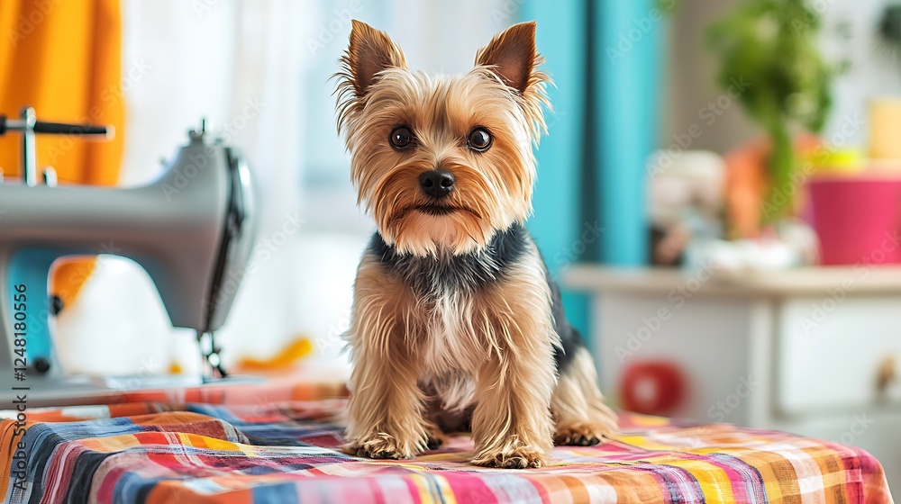 Yorkshire Terrier Puppy on a Colorful Sewing Table in a Cozy Home Setting