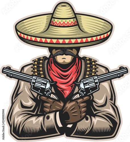 Vintage Mexican cowboy with gunslinger vector illustration  
