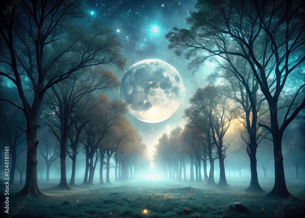 Fototapeta premium Minimalist night photography: moonlit trees in an enchanted forest, glowing otherworldly, a bewitching AI art.