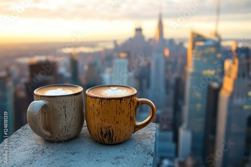 Two ceramic mugs filled with coffee, placed on a narrow stone ledge with a vibrant cityscape in the background. photo