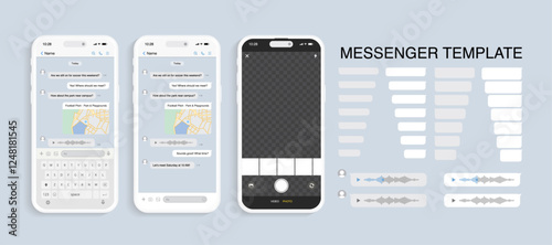 Modern Messenger Smartphone App Template for UI and UX Design. Social Communication in Mobile Apps. Chat Application Mockup on Realistic Smartphones. Vector.