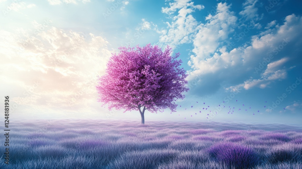 Pink tree, lavender field, sunrise, peaceful scene, nature Pink tree, lavender field, sunrise, peaceful scene, nature