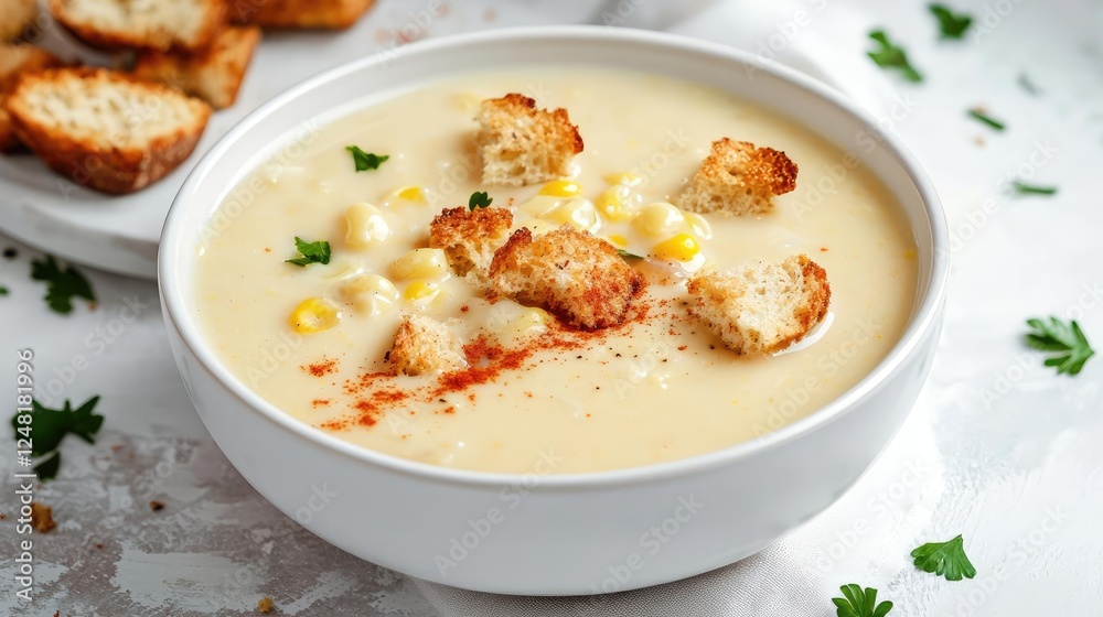 Plant based cuisine vegetarian homemade. Warm homemade corn chowder with crispy croutons and a sprinkle of paprika Plant based cuisine vegetarian homemade. Warm homemade corn chowder with crispy croutons and a sprinkle of paprika