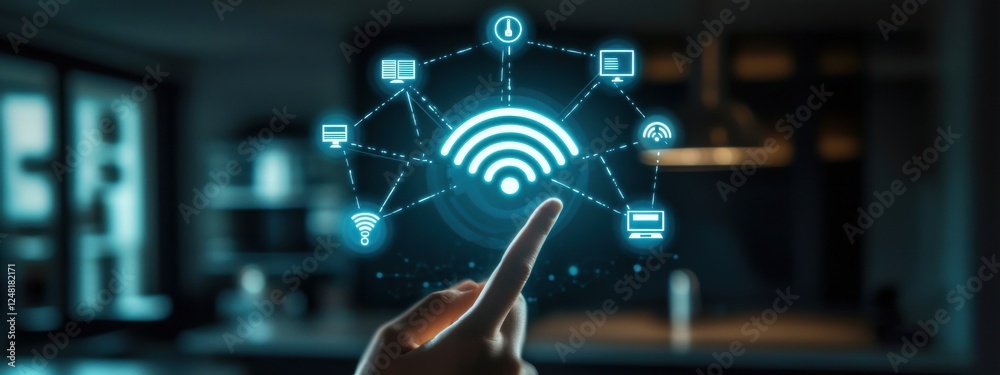 Fototapeta premium Interactive Display of Wi-Fi Connectivity with Digital Icons and a Person Touching the Interface