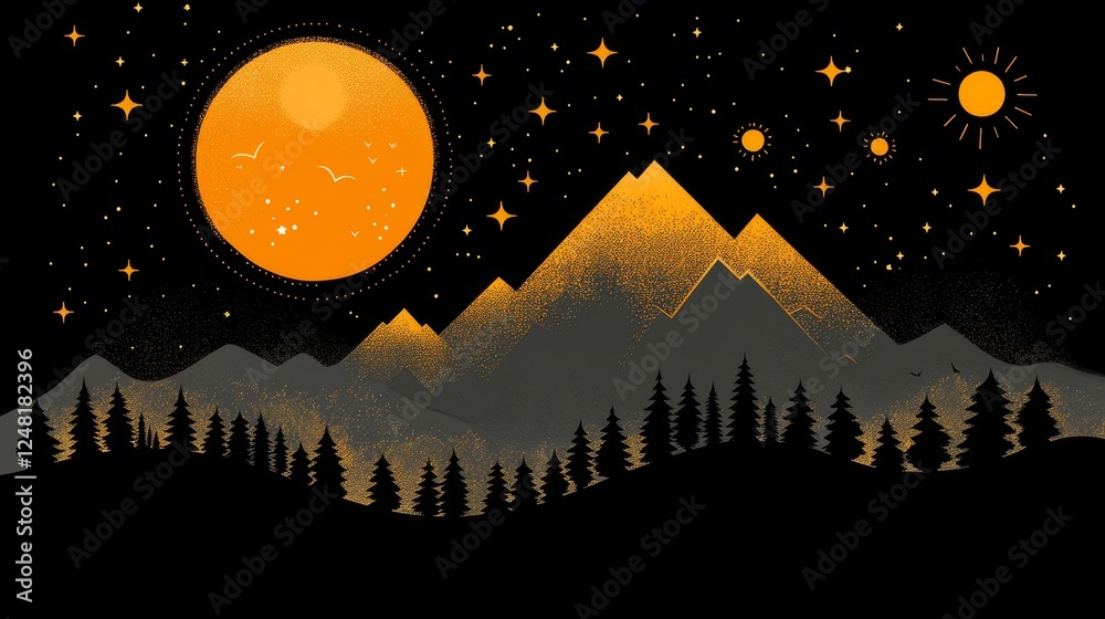 Naklejka premium Nocturnal Mountainscape with Glowing Orange Moon and Starry Night Sky Pixel Art