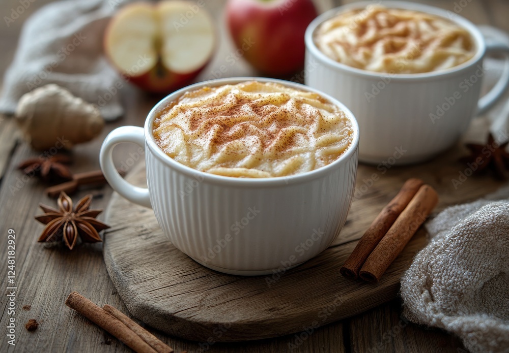 Creamy apple cinnamon dessert served in white bowls with spices and fresh apple slices on wooden board, perfect for autumn or festive gatherings Creamy apple cinnamon dessert served in white bowls with spices and fresh apple slices on wooden board, perfect for autumn or festive gatherings