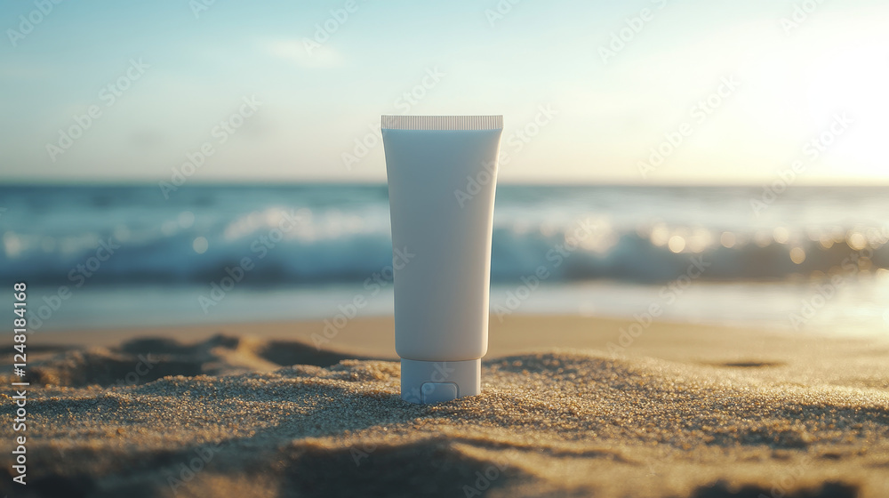 Thermal water cosmetic bottle with sunscreen protection ad banner, skin care lotion tube with spf uv block stand on sand at coastline with foamy sea waves background, Realistic 3d vector promo poster Thermal water cosmetic bottle with sunscreen protection ad banner, skin care lotion tube with spf uv block stand on sand at coastline with foamy sea waves background, Realistic 3d vector promo poster