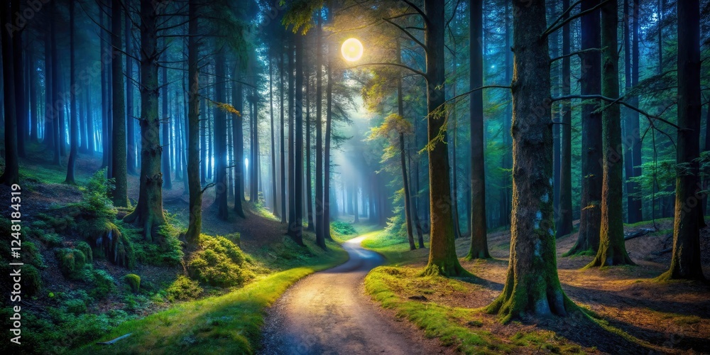 Fototapeta premium Night hike photography: scenic trail images showcasing the beauty of a dark forest path under moonlight.