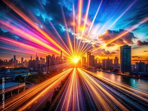 Night sky ablaze: glowing city lights and abstract sunbeams in stunning long-exposure photography.