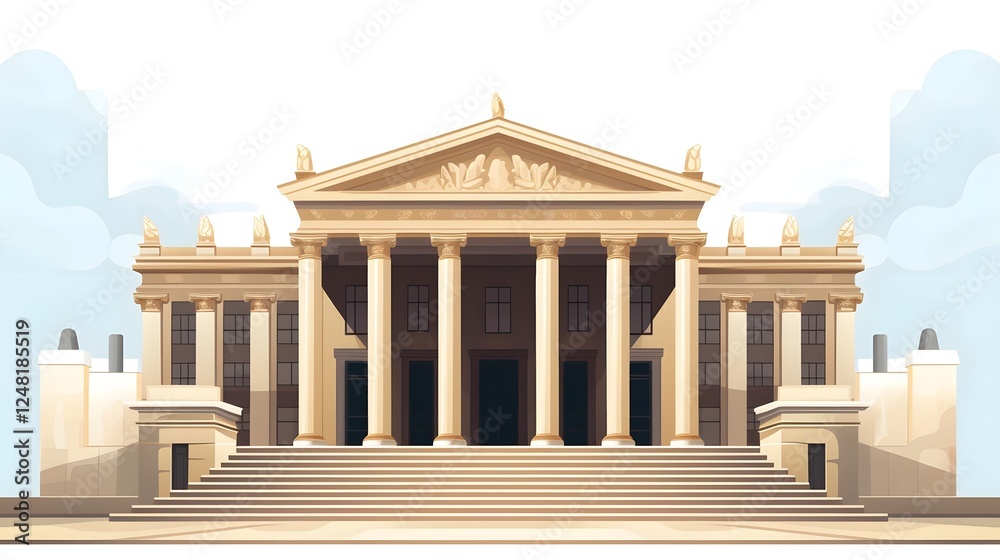 Fototapeta premium Stately and Impressive Neoclassical Style Government Building with Grand Entrance Steps Symmetrical Architecture and Elegant Columns Standing Tall on a White Background
