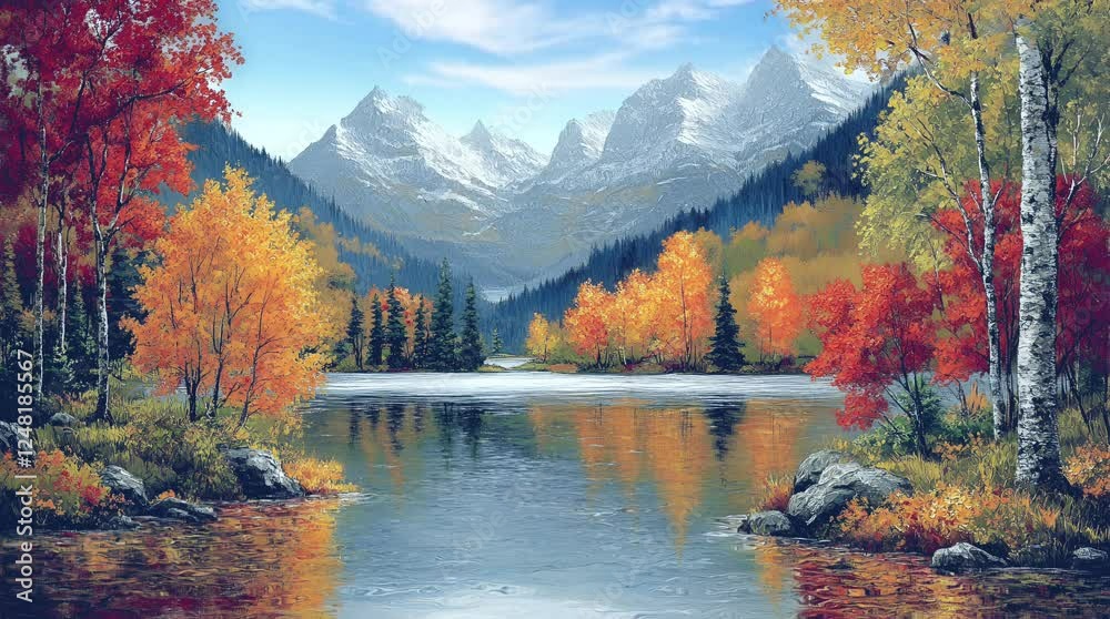 Autumn forest surrounding a calm lake with vibrant foliage and snowy mountains in the background. Nature landscape concept Autumn forest surrounding a calm lake with vibrant foliage and snowy mountains in the background. Nature landscape concept