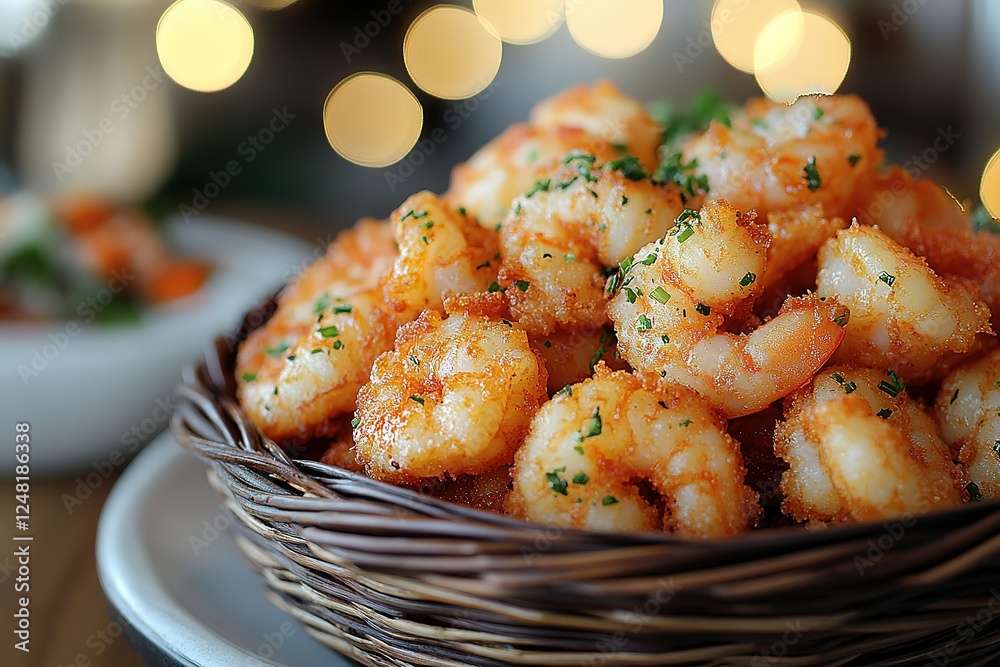 Fried shrimp piled high seasoned with fresh herbs Delicious seafood appetizer in a rustic basket bokeh lights add warmth Fried shrimp piled high seasoned with fresh herbs Delicious seafood appetizer in a rustic basket bokeh lights add warmth