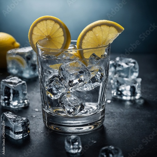 A crystal-clear vodka shot glass with floating ice cubes, garnished with a twist of lemon peel.