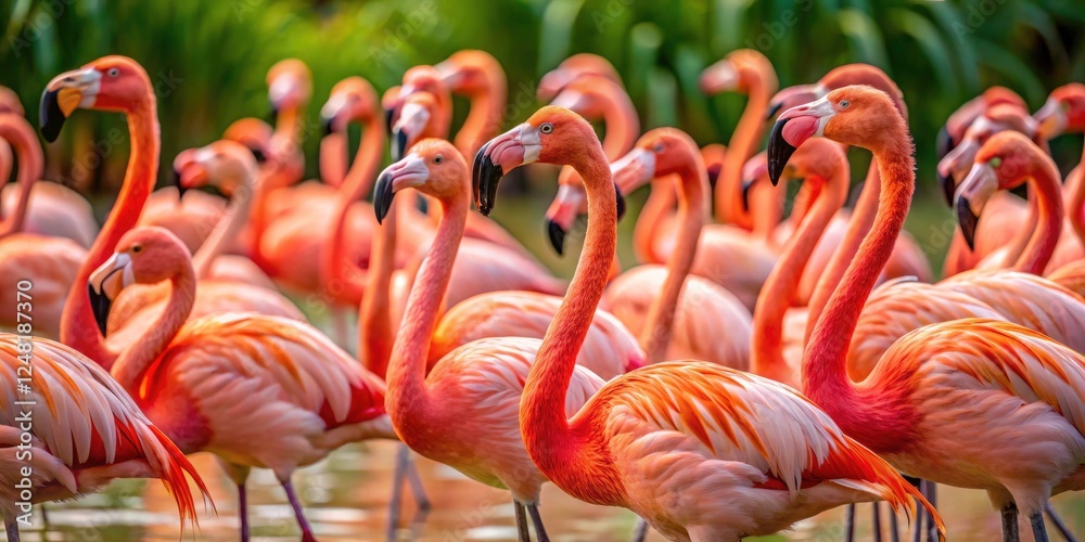 Naklejka premium Pink flamingoes in flight and at rest: exotic birds, vibrant feathers, wetland habitat, stunning bird photography for wallpaper.