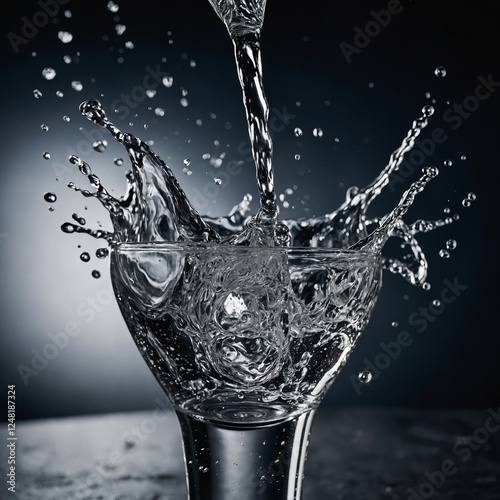 A mesmerizing close-up of vodka being poured into a glass, capturing the splash and swirling liquid in detail.