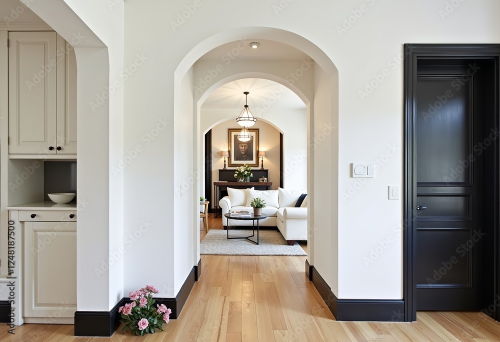 Fototapeta premium Modern Living Room Interior Design Showcase: White Archway Doorway in Black Wood Leads to a Stylish Space with White Sofa, Round Coffee Table, Floral Display, and Chandelier Lighting