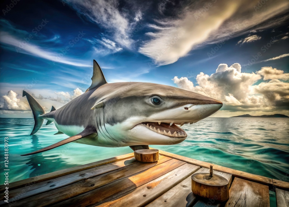 Obraz premium Powerful bull shark dominates a surreal boat deck scene; stunning marine life photography.