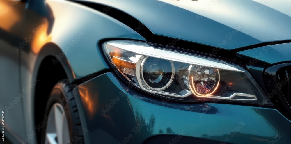 Damaged car crumpled fender, broken headlight, wreckage, safety, car crash Damaged car crumpled fender, broken headlight, wreckage, safety, car crash