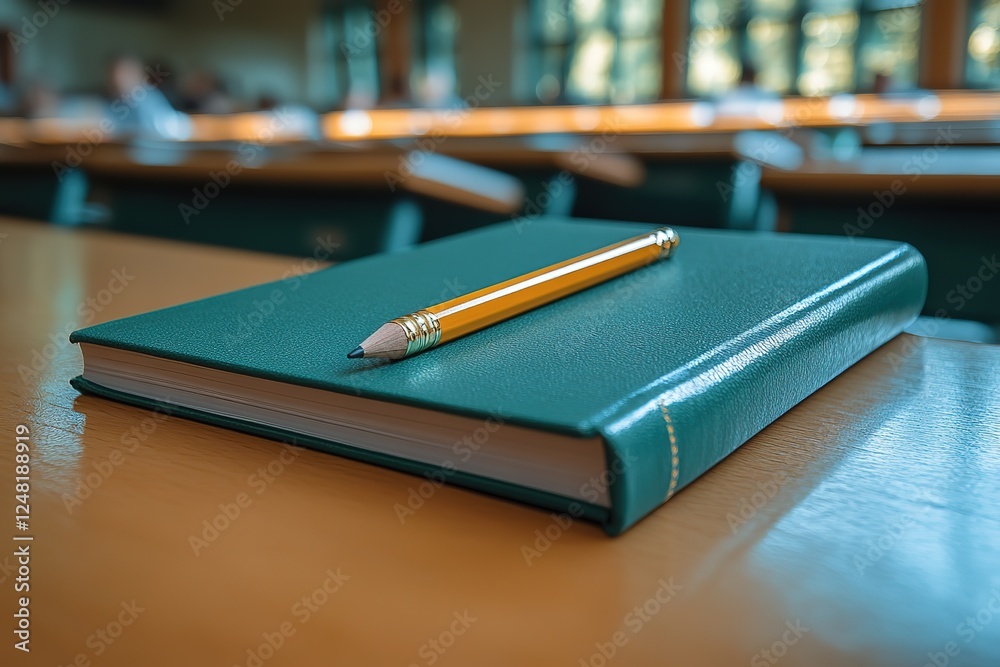 Study essentials: A green book with a yellow pencil on a wooden table set in a bright classroom Ready for learning and note-taking Study essentials: A green book with a yellow pencil on a wooden table set in a bright classroom Ready for learning and note-taking