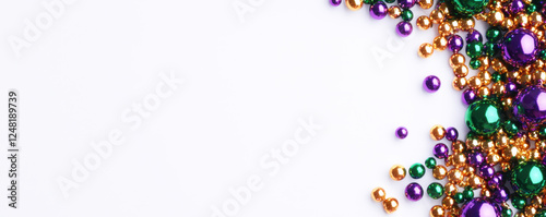 Designer frame with beads or garland in purple, green and yellow, traditional colors of Mardi Gras carnival, Decorative glossy realistic elements isolated on white background