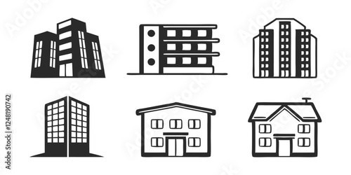 Building Icon Vector Set – Skyscraper, Apartment, and Architecture Symbols Collection