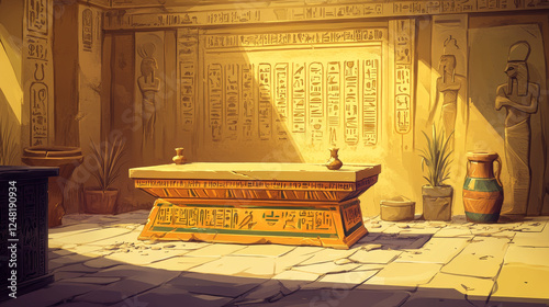 Antique empty altar or table for religious offering and Egyptian hieroglyphs, cartoon vector illustration, graphical user interface for game design isolated on white background