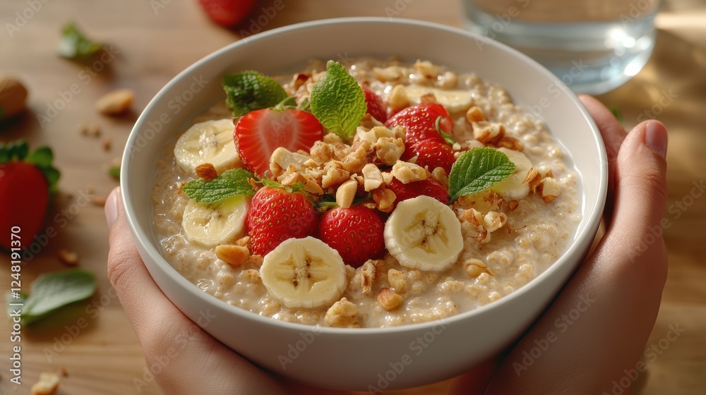 Hands Holding Bowls of Oatmeal Cozy Kitchen Food Photography Morning Light Intimate Breakfast Scene Hands Holding Bowls of Oatmeal Cozy Kitchen Food Photography Morning Light Intimate Breakfast Scene